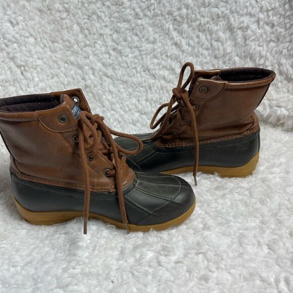 Kids Sperry two tone Duck lace up boots Brown faux leather and black rubber SZ2M - Picture 6 of 9
